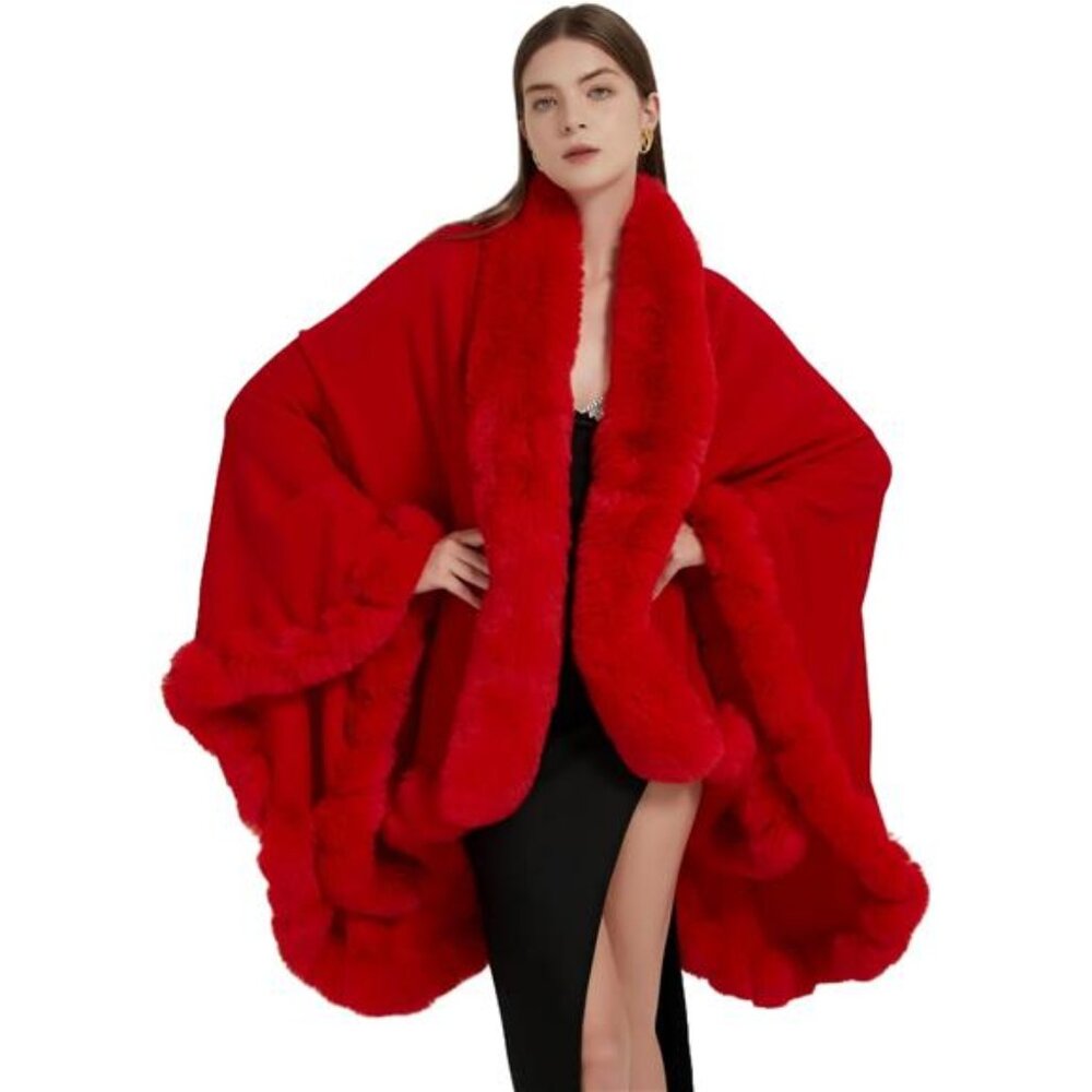 Cruelty Free FAUX FUR Lady in Red TRUE CRIMSON Cardigan Shawl Winter Cape - Picture 7 of 7